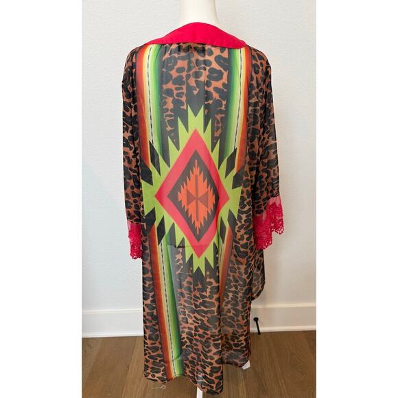 L&B Neon Leopard Aztec Kimono Pink Green Medium - Picture 2 of 6